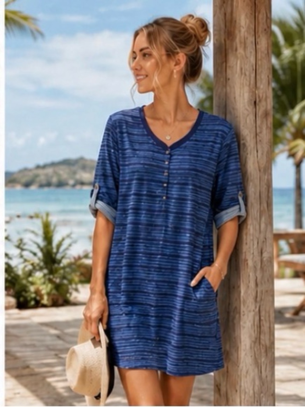 Lauren Ralph Lauren Navy Striped V-Neck Tunic Dress